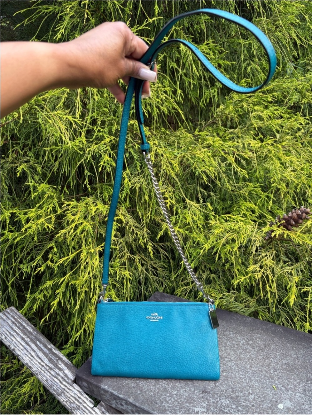 Coach Teal Blue Pebbled Leather Chain Crossbody Bag Pouch EUC